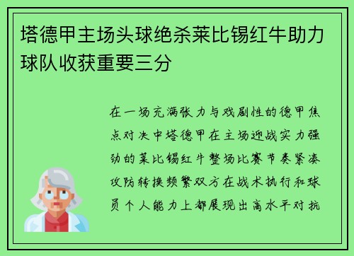塔德甲主场头球绝杀莱比锡红牛助力球队收获重要三分