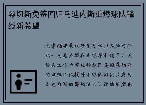 桑切斯免签回归乌迪内斯重燃球队锋线新希望 桑切斯免签回归乌迪内斯重燃球队锋线新希望
