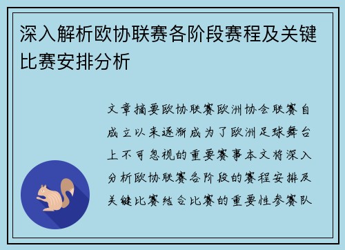 深入解析欧协联赛各阶段赛程及关键比赛安排分析