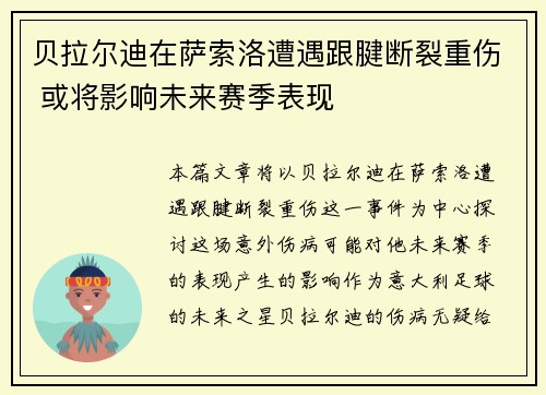贝拉尔迪在萨索洛遭遇跟腱断裂重伤 或将影响未来赛季表现